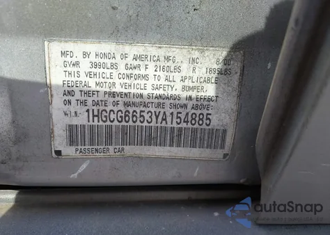 2000 Honda Accord Lx из США, поврежденный, VIN 1HGCG6653YA154885